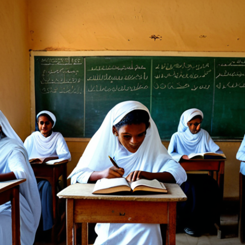 **

"A brightly lit classroom in a rural Eritrean village, filled with adults participating in a literacy program. They are fully clothed in modest, traditional Eritrean clothing, attentively reading textbooks. The classroom has simple desks and a blackboard with Arabic script. Sunlight streams through the windows, illuminating the scene.  Safe for work, appropriate content, fully clothed, professional, perfect anatomy, natural proportions, high quality, family-friendly, Eritrean culture, educational setting."

**