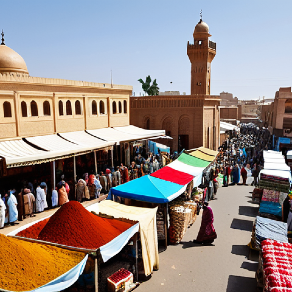 에리트레아의 이슬람 문화 - **
"A bustling marketplace scene in Asmara, Eritrea, featuring vendors selling colorful textiles an...