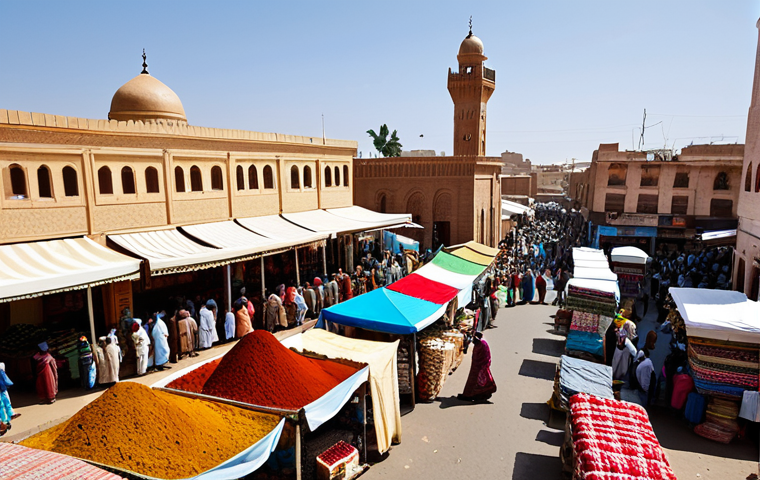에리트레아의 이슬람 문화 - **
"A bustling marketplace scene in Asmara, Eritrea, featuring vendors selling colorful textiles an...