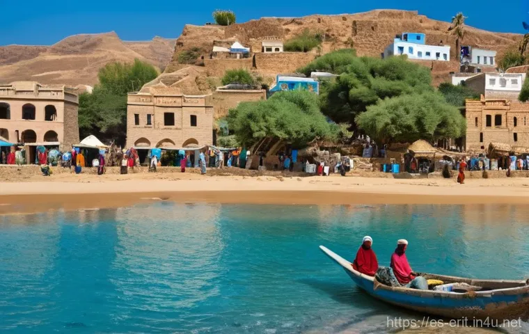 에리트레아와 홍해의 연관성 - **A Vibrant Ancient Port on the Red Sea:**
    A detailed, panoramic view of an ancient bustling Eri...
