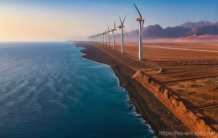 에리트레아의 풍력 에너지 - Prompt 1: Coastal Wind Farm at Sunset**