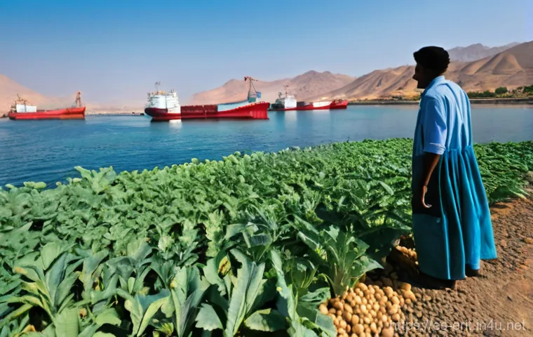 에리트레아의 현대적 변화 - **Eritrean Economic Awakening: Modern Industry and Vibrant Landscapes**
A wide-angle, realistic ...