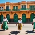 Home 17 에리트레아로의 가족 여행 - **Asmara Art Deco Wonder with Family:** A vibrant, sun-drenched street scene in Asmara, Eritrea, sho...