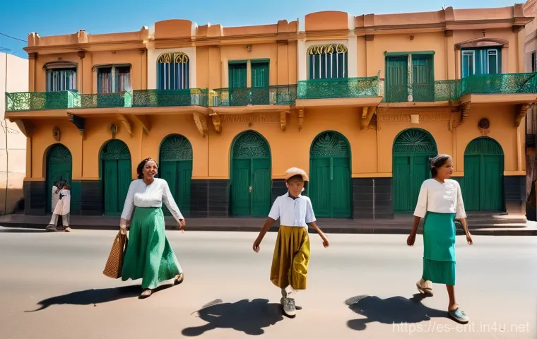 에리트레아로의 가족 여행 - **Asmara Art Deco Wonder with Family:** A vibrant, sun-drenched street scene in Asmara, Eritrea, sho...