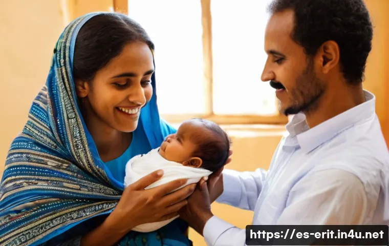 에리트레아 독특한 이름 짓기 풍습 - **Prompt:** "A heartwarming scene depicting an Eritrean naming ceremony inside a traditional home. I...