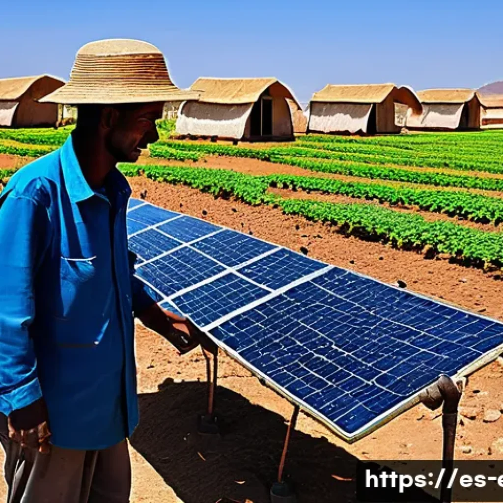 에리트레아 농업 기술 - A detailed scene of Eritrean farmers in an arid landscape installing and using a solar-powered drip ...