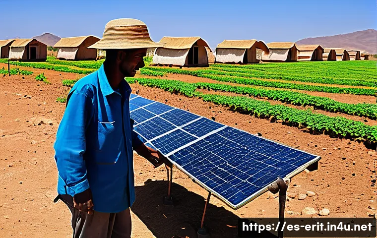 에리트레아 농업 기술 - A detailed scene of Eritrean farmers in an arid landscape installing and using a solar-powered drip ...