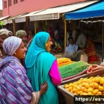 티그리냐어 배우기 - A vibrant cultural scene in Eritrea featuring a diverse group of people speaking Tigrinya, set in a ...