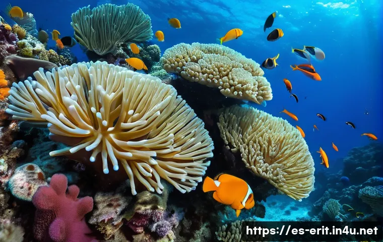 에리트레아 해양 생물 - A vibrant underwater scene showcasing the coral reefs of the Red Sea near Eritrea, featuring a diver...
