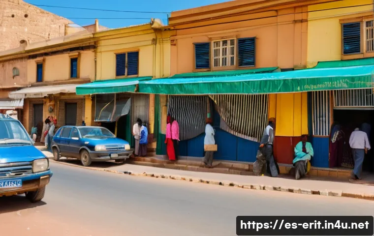 에리트레아 범죄율 통계 - A vibrant urban street scene in Asmara, Eritrea during daytime, featuring local merchants securing t...