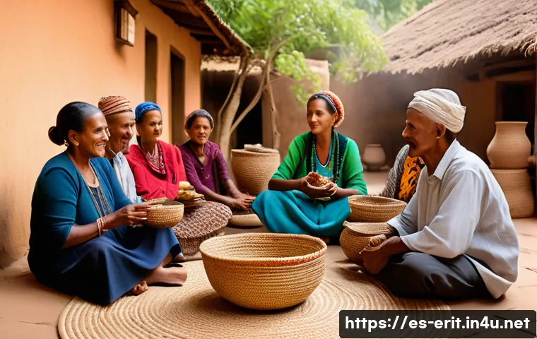 에리트레아의 독특한 풍습 - A vibrant Eritrean coffee ceremony scene set in a traditional home courtyard during daylight, featur...