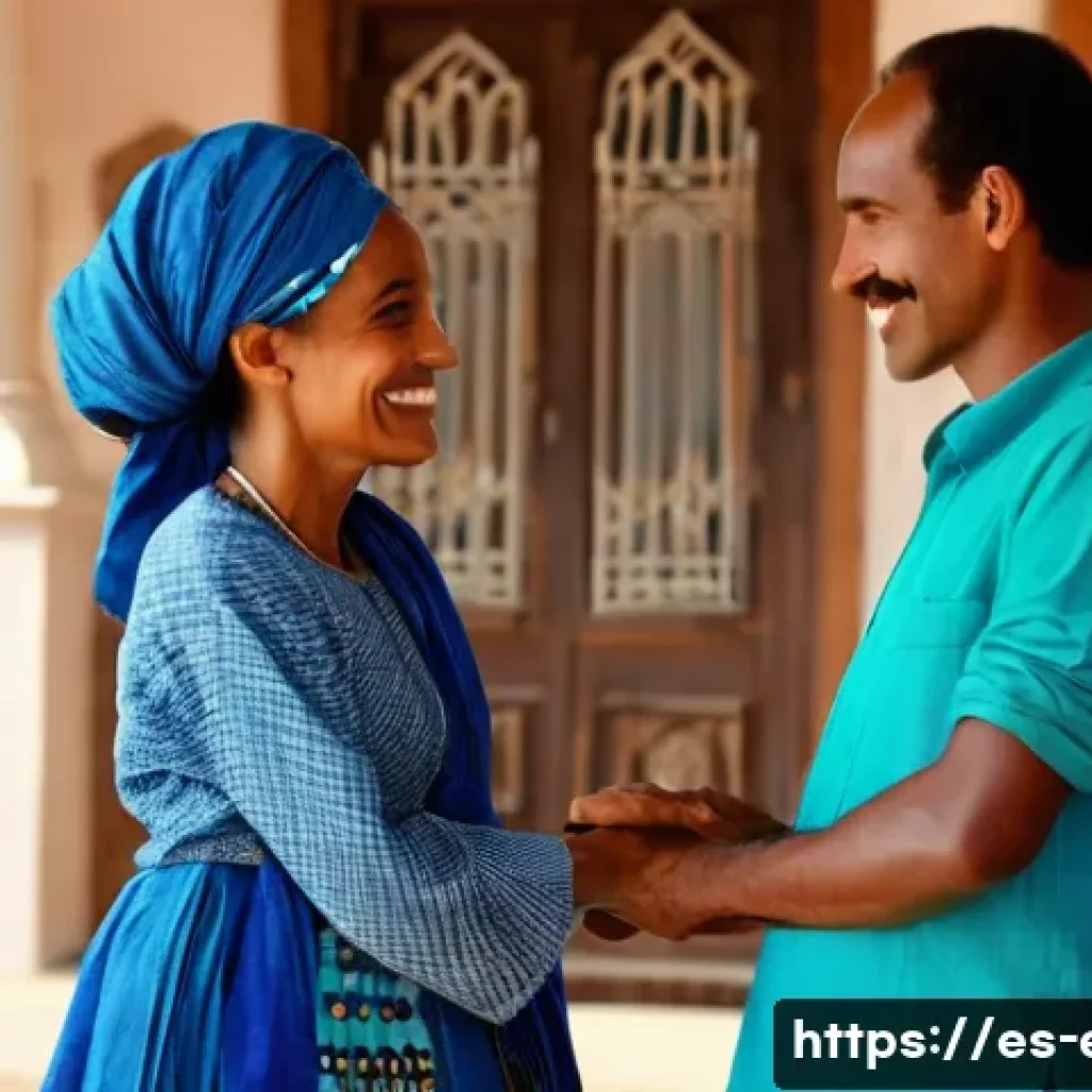 에리트레아에서 지켜야 할 에티켓 - A warm and respectful Eritrean traditional greeting scene: two adults, a man and a woman, both dress...