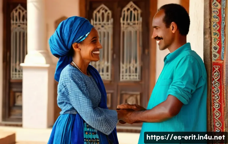 에리트레아에서 지켜야 할 에티켓 - A warm and respectful Eritrean traditional greeting scene: two adults, a man and a woman, both dress...