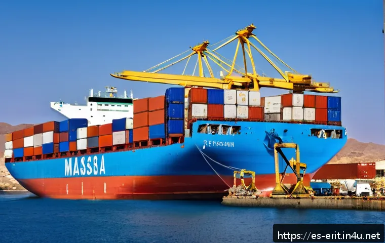 에리트레아의 수출입 품목 - A bustling modern port scene at Massawa, Eritrea, showcasing large container ships docked alongside ...