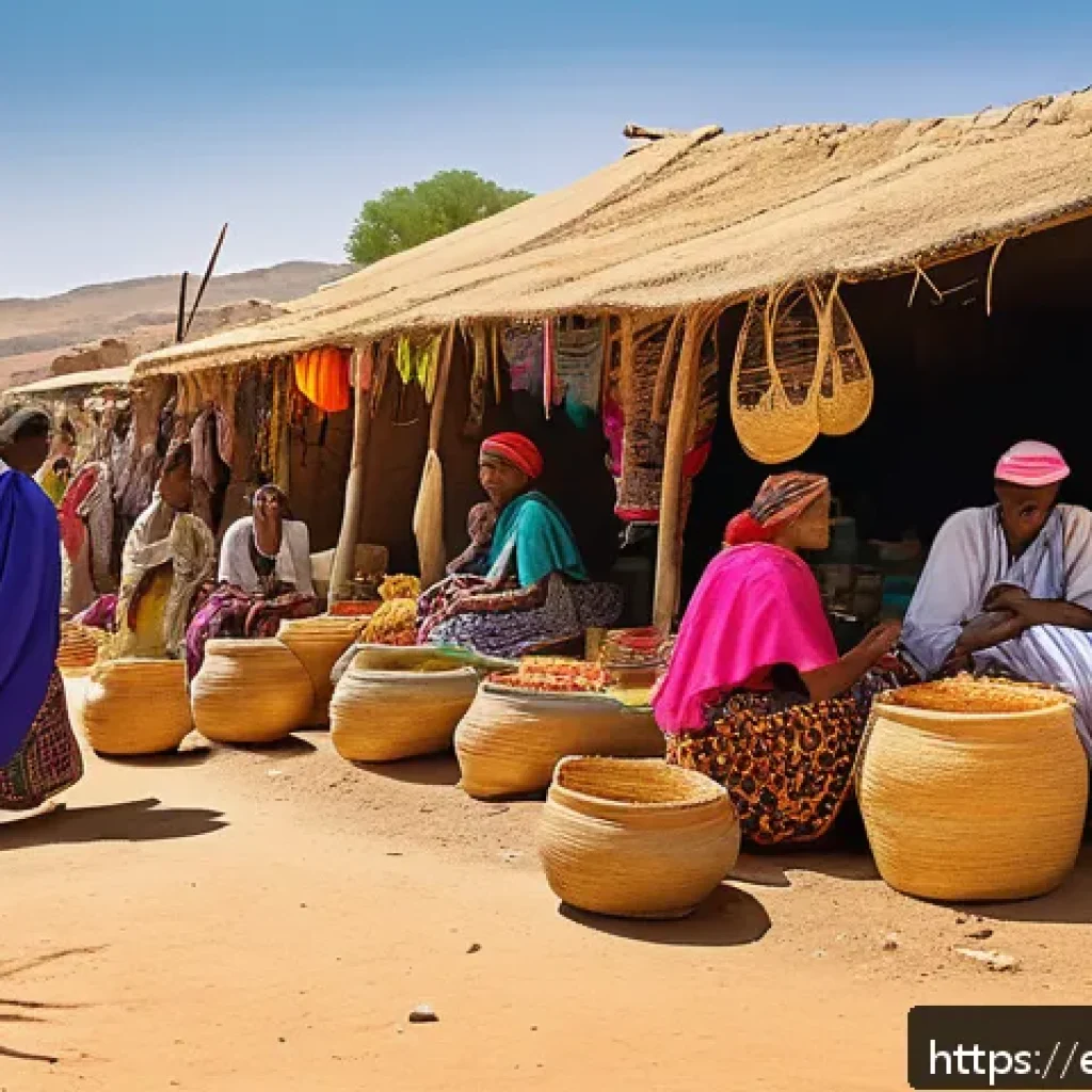 에리트레아와 세계 각국의 비교 - A vibrant Eritrean rural marketplace scene showcasing diverse ethnic groups wearing traditional colo...