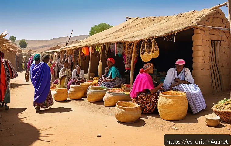 에리트레아와 세계 각국의 비교 - A vibrant Eritrean rural marketplace scene showcasing diverse ethnic groups wearing traditional colo...