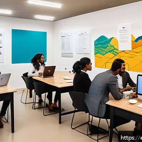 에리트레아 창업 지원 - A vibrant scene depicting a group of Eritrean entrepreneurs in a modern Asmara co-working space, eng...