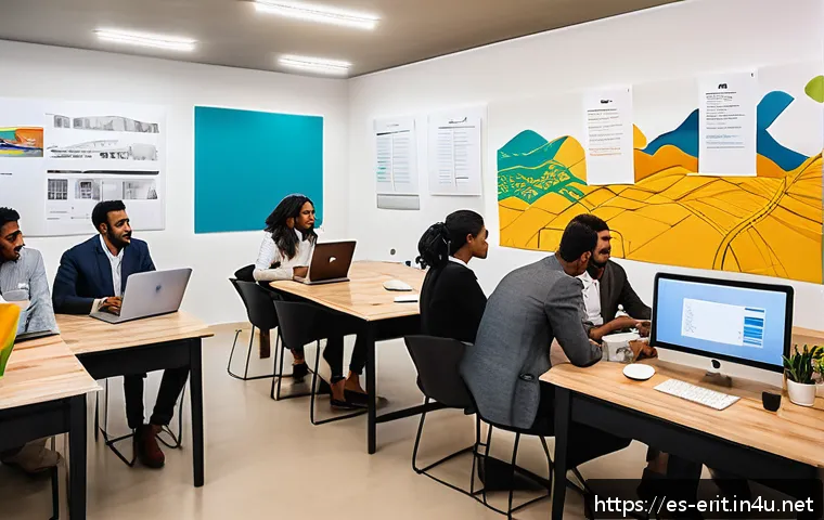 에리트레아 창업 지원 - A vibrant scene depicting a group of Eritrean entrepreneurs in a modern Asmara co-working space, eng...