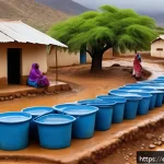 에리트레아의 식수 공급 문제 - A vibrant rural Eritrean village scene during the rainy season, showcasing traditional rainwater har...