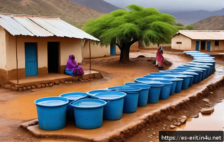 에리트레아의 식수 공급 문제 - A vibrant rural Eritrean village scene during the rainy season, showcasing traditional rainwater har...
