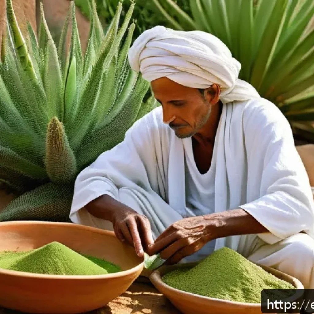 에리트레아의 약초 치료법 - A serene Eritrean village scene featuring a traditional healer preparing herbal remedies outdoors. I...