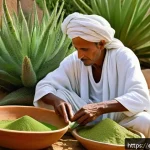 에리트레아의 약초 치료법 - A serene Eritrean village scene featuring a traditional healer preparing herbal remedies outdoors. I...