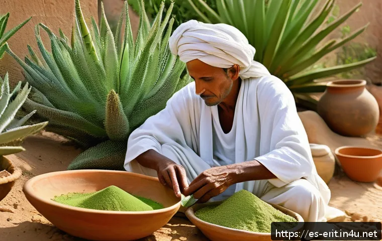 에리트레아의 약초 치료법 - A serene Eritrean village scene featuring a traditional healer preparing herbal remedies outdoors. I...