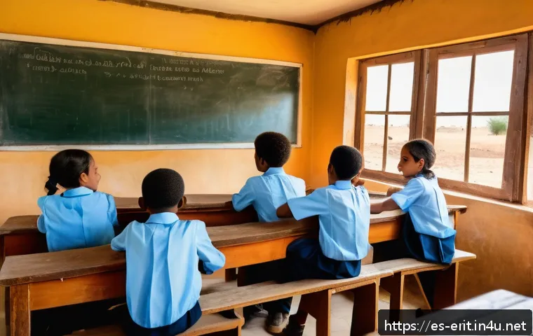 에리트레아를 위한 기부 - A vibrant rural Eritrean classroom scene showing children aged 7-12 wearing modest school uniforms, ...