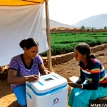 에리트레아에서의 국제 구호 활동 - Photorealistic documentary scene of international humanitarian workers and Eritrean community health...