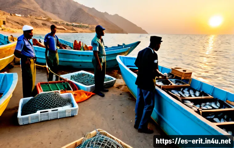 Home 17 에리트레아 어업 정책 - Photorealistic coastal fisheries management scene in Eritrea, East African fishery officers and loca...