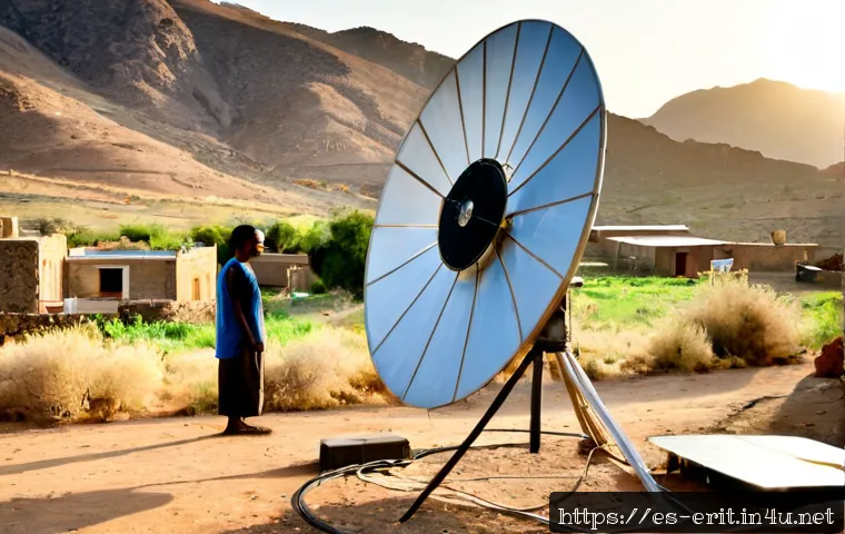 에리트레아 현대 문명과의 갈등 - Photorealistic documentary scene in Eritrea, a young adult standing beside an old satellite dish and...
