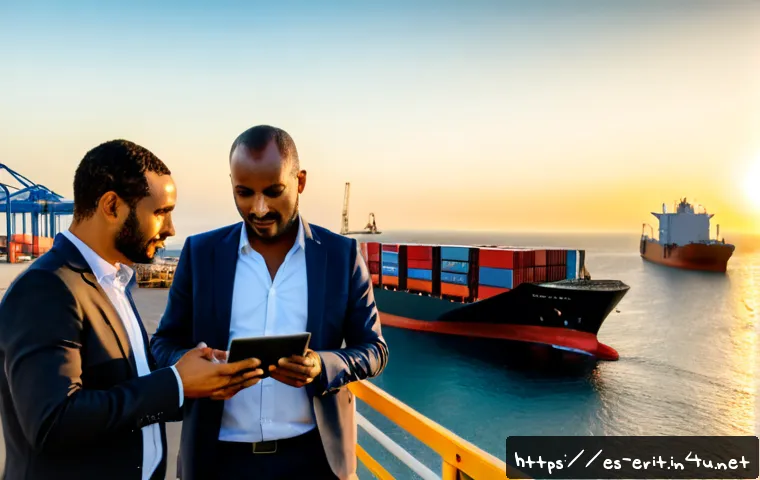 에리트레아 투자 기회 - Photorealistic sunrise view of a modern East African port logistics hub, diverse Eritrean and Spanis...