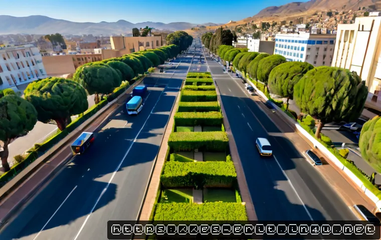 에리트레아의 도시 계획 - Photorealistic elevated view of a thoughtfully planned Eritrean city district in Asmara, wide tree-l...